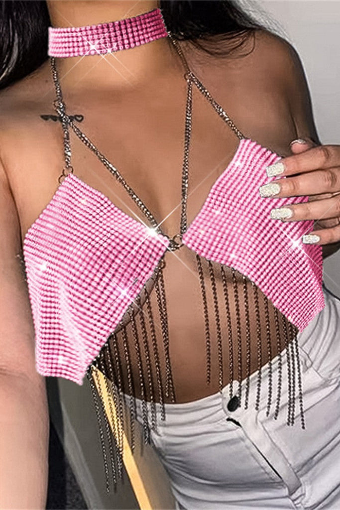 funninessgames Sexy Patchwork Tassel Chains Backless Halter Tops