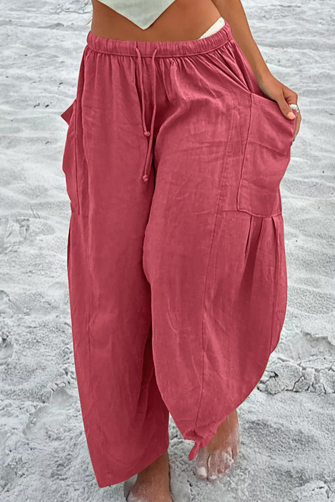 funninessgames Casual Simplicity Solid Pocket Loose Mid Waist Wide Leg Solid Color Bottoms