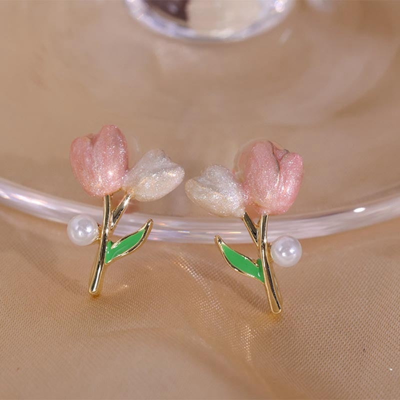 French Light Luxury Pink Tulip Flower Pearl Stud Earrings For Women Korean Zircon Exquisite Earring Party Christmas Jewelry Gift