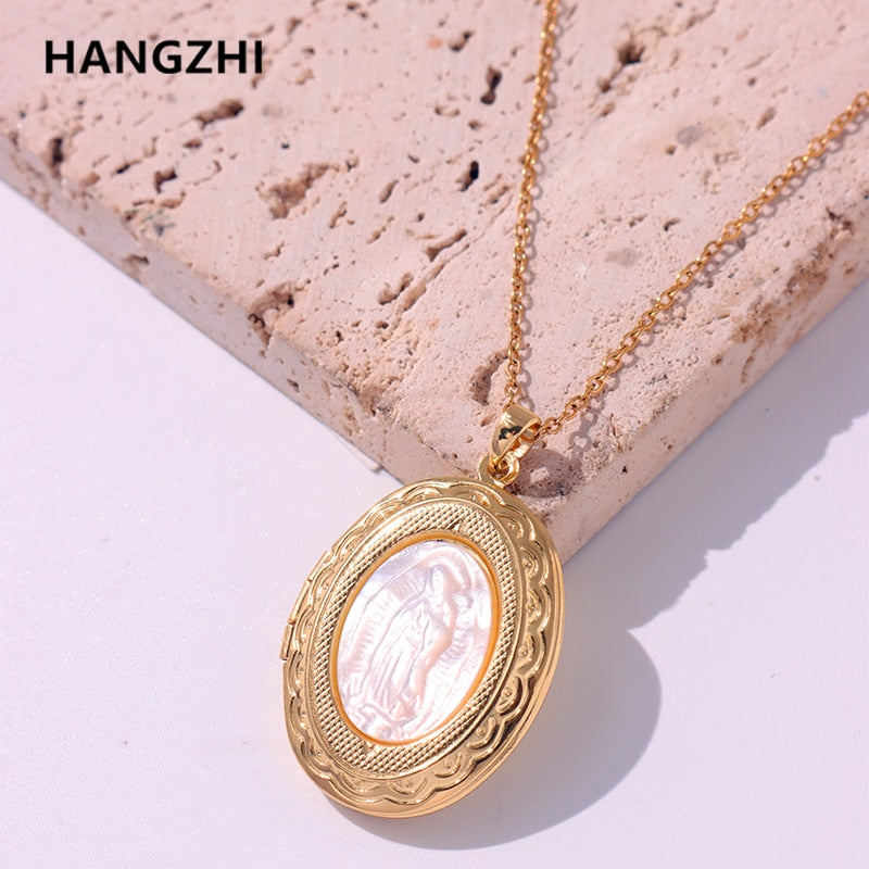 HangZhi Vintage Virgin Mary White Shell Titanium Steel Oval Openable Gold Color Necklace Trendy for Women Wedding 2022 New