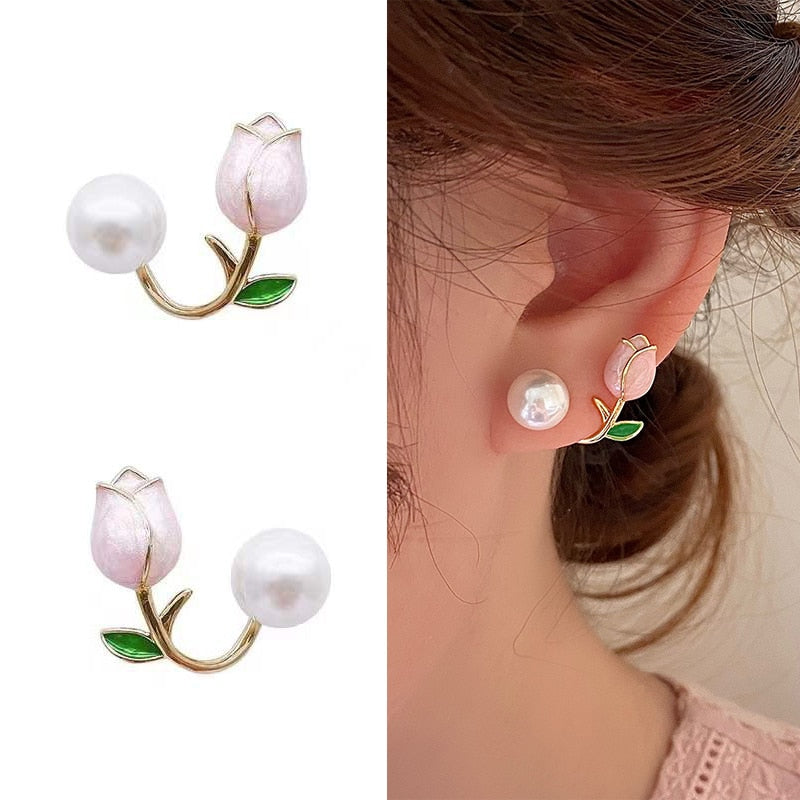 French Light Luxury Pink Tulip Flower Pearl Stud Earrings For Women Korean Zircon Exquisite Earring Party Christmas Jewelry Gift