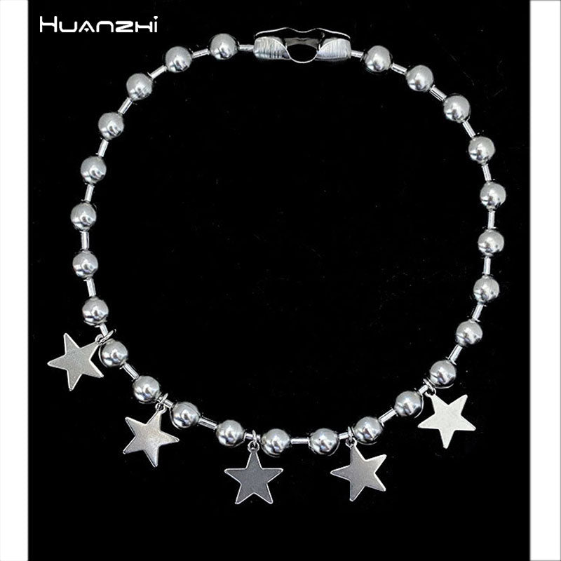 Silver Color Bead Metal Pentagram Star Pendant Necklace for Women Girl Jewelry Gifts Punk Trend Y2K Choker HUANZHI 2022 NEW