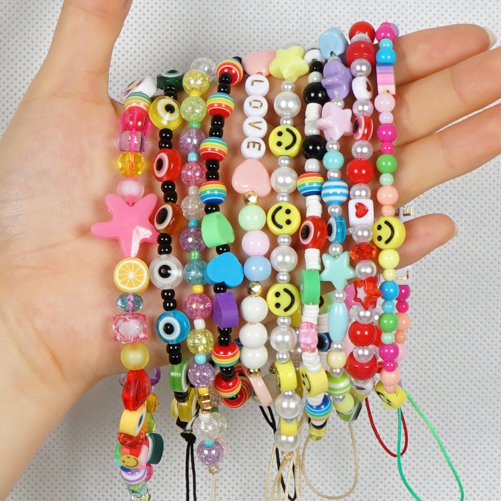 MOPAI Colorful Acrylic Beads Smile Face Mobile Phone Chains Evil Eye Cellphone Strap Anti-lost Lanyard Fashion Women Accessories
