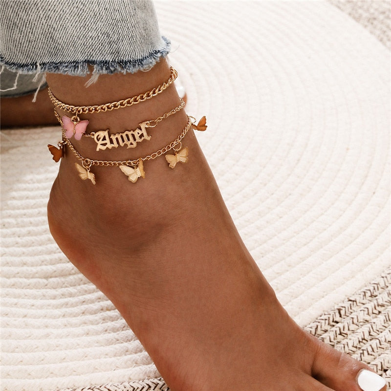 Bohemia Gold Color Chain Ankle Bracelet On Leg Foot Jewelry Boho Beads Key Butterfly Charm Anklet Set For Women Accessories