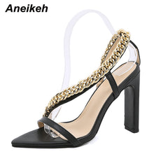 Load image into Gallery viewer, Aneikeh Summer Fashion PU Metal Chain Women&#39;s High Sandals 2022 NEW Sewing Platform Heigh Square Heels Buckle Strap Shallow Sexy