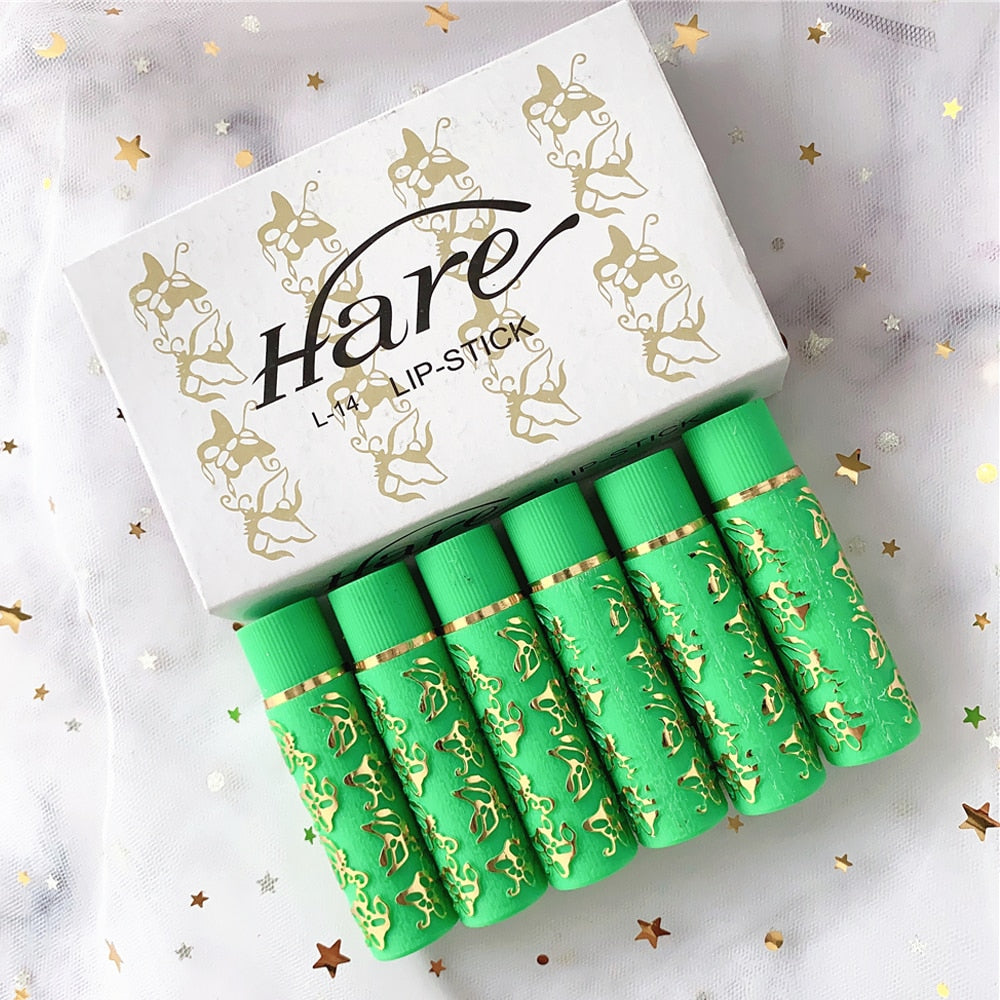 6PCS/BOX Dark Green Magic Spotting Lipgloss Lipstick Long Lasting Lip Liner Butterfly Green Lipstick Cosmetics Makeup Maquiagem