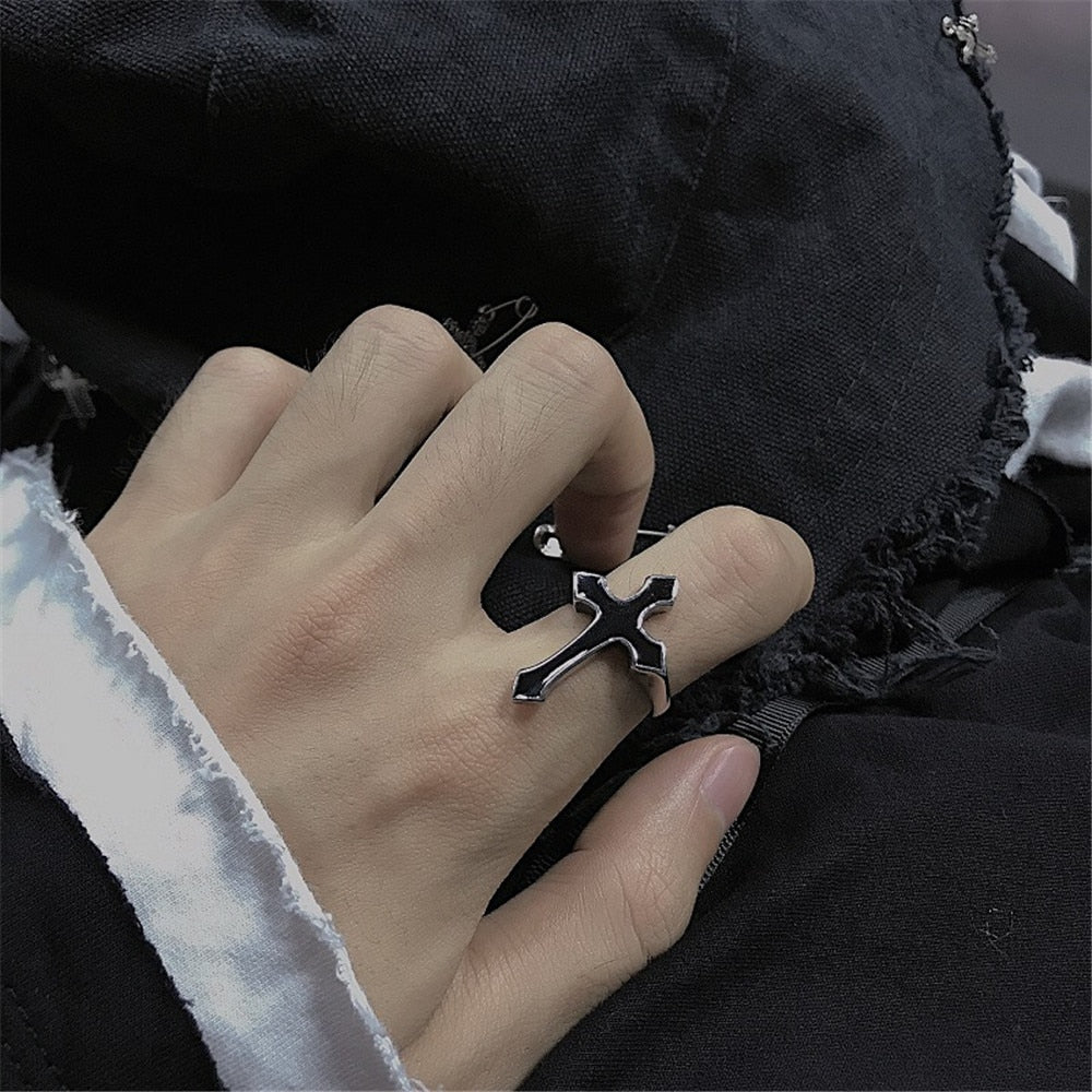 Vintage Black Big Cross Opening Rings For Women Party Jewelry Men Trendy Gothic Metal Color Finger Ring Halloween Gifts Anillos