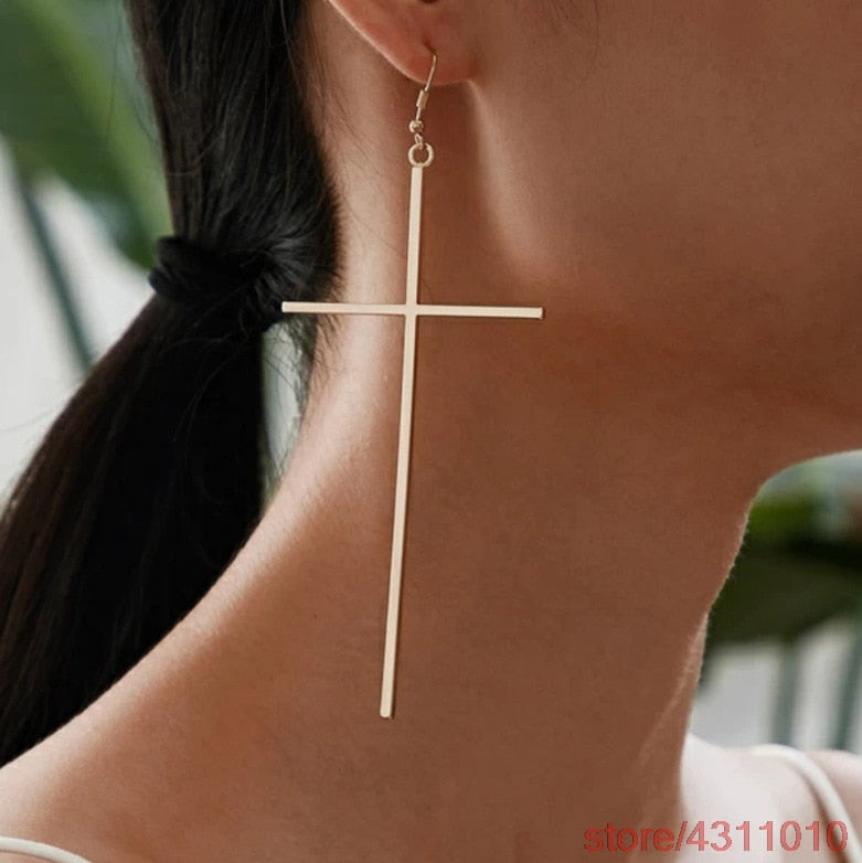 korean Fashion Big Long Cross drop Earrings for Women Gold Silver Color 2022 Dangle hanging Drop Earrings Brincos female Jewelry