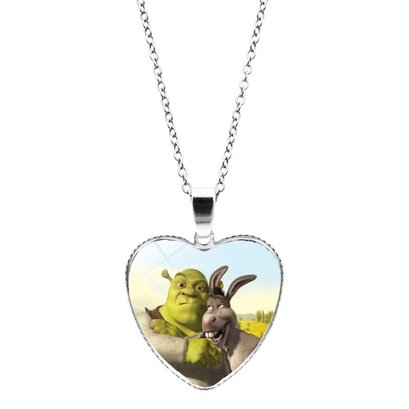 Shrek Heart Pendant Necklace Glass Cabochon Jewelry Gifts Couple Heart Choker Necklace for Women Fashion Friendship Necklaces