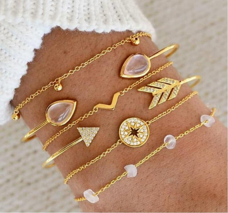 4pcs/Set Bohemian Stone beads chains bracelets Set For Women Metal Heart Round Tassel charm Bangle Fashion Jewelry