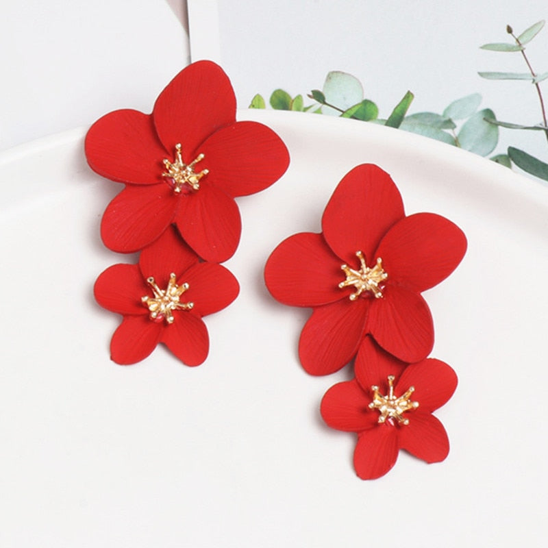 Korean Big Double Flower Drop Earrings Summer Beach Party Metal Statement Earring for Woman Boho Fashion Jewelry Girl Gift