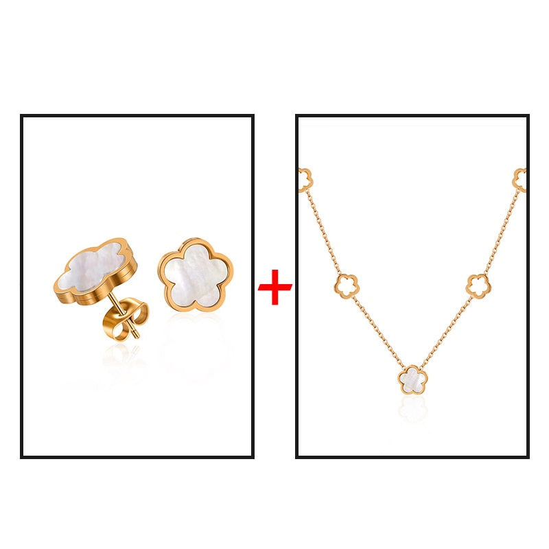 Heytree Luxury Elegant White Shell Flower Necklace Earrings Sets For Women Fashion Stainless Steel Earrings 2022 Trendy Jewelry