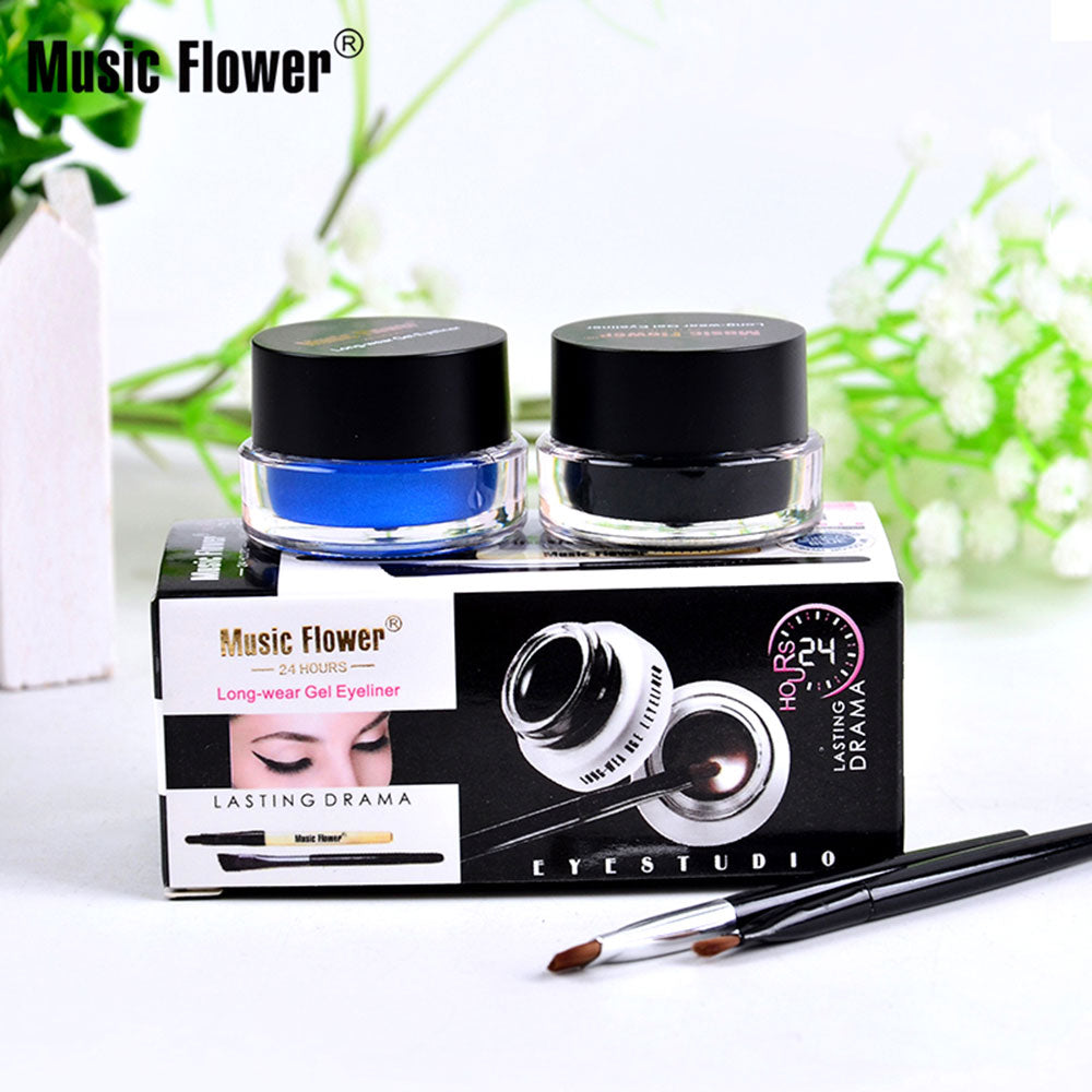 Music Flower 2 in 1 Coffee + Black Gel Cream Eyeliner Make Up Waterproof Cosmetics Set Eye Liner + Brushes Makeup Eye Cosmetics