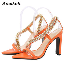 Load image into Gallery viewer, Aneikeh Summer Fashion PU Metal Chain Women&#39;s High Sandals 2022 NEW Sewing Platform Heigh Square Heels Buckle Strap Shallow Sexy