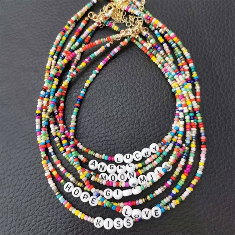 Boho Handmade Diy Rice Bead Necklace Letter Lucky Love Girl Choker Clavicular Chain Colorful Female Beach Collier Femme Jewelry