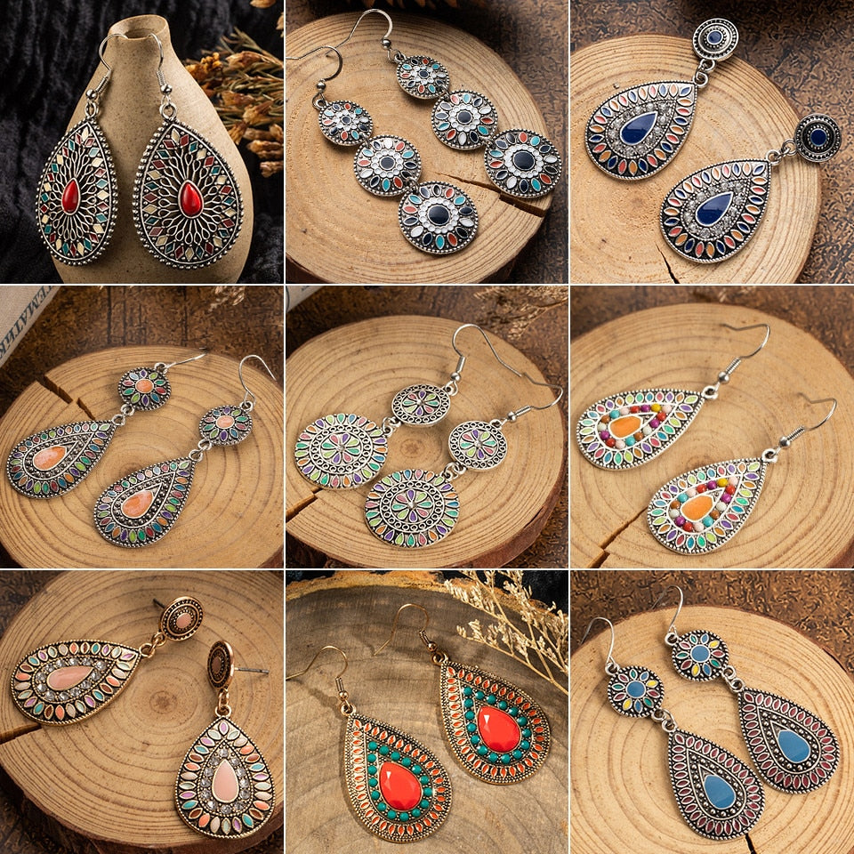 Ethnic Indian Jewelry Vintage Bohemia Water Drop Women Earrings Acrylic Long Handing Dangling Earring Female Wedding Party Gifts