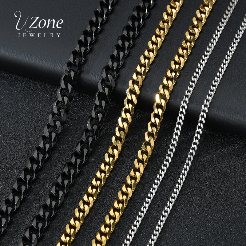 Uzone Basic Punk Stainless Steel 3,5,7mm Curb Cuban Necklaces For Men Women Black Gold Link Chain Chokers Solid Metal Jewelry