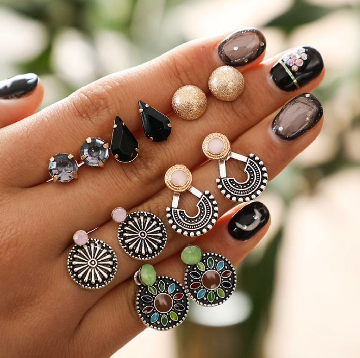 10 Style Vintage Geometric Stud Earrings Set For Women Fashion Shell Flower Star Hand Stone Mini Small Earrings Girls 2022 Boho