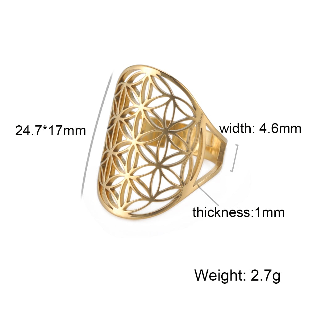 Skyrim Viking Flower of Life Ring Vintage Adjustable Stainless Steel Geometric Rings for Women Amulet Jewelry Gifts Wholesale