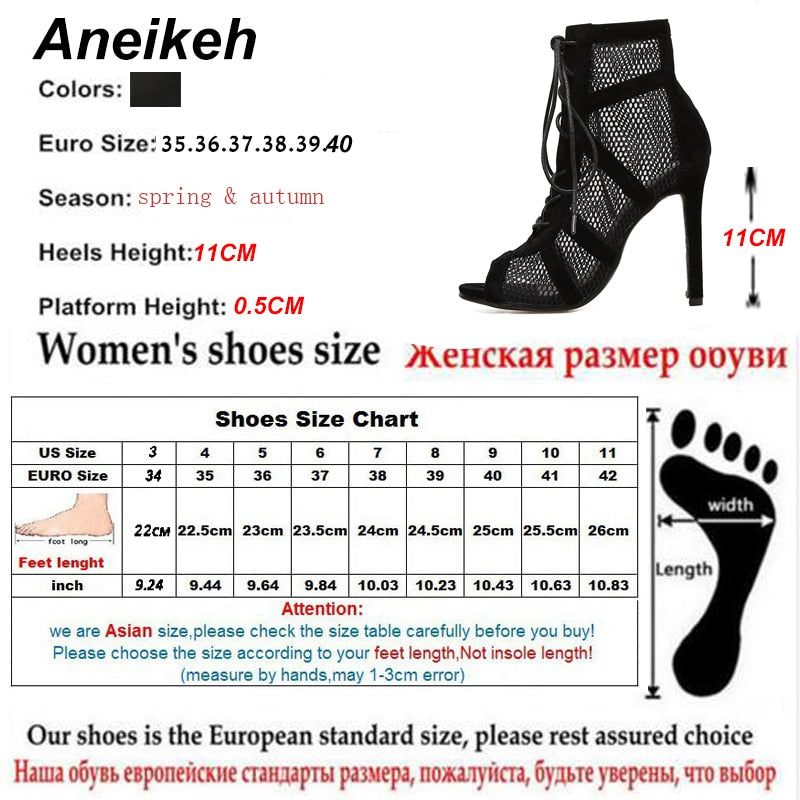Aneikeh 2022 Fashion Basic Sandals Boots Women High Heels Pumps Sexy Hollow Out Mesh Lace-Up Cross-tied Boots Party Shoes Party