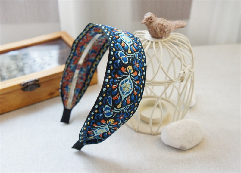 1PC  Women Bohemian Ethnic Embroidered Floral Ribbon Hairbands Headband Hair Accessories Beautiful Ethnic Pattern Wide Turban