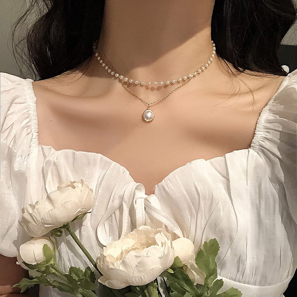 SUMENG 2022 New Fashion Kpop Pearl Choker Necklace Cute Double Layer Chain Pendant For Women Jewelry Girl Gift