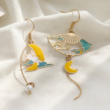 Load image into Gallery viewer, Chinese Style Folding Fan Crane Carp Lotus Asymmetrical Long Tassel Dangle National Style Earrings for Women Jewelry Gift
