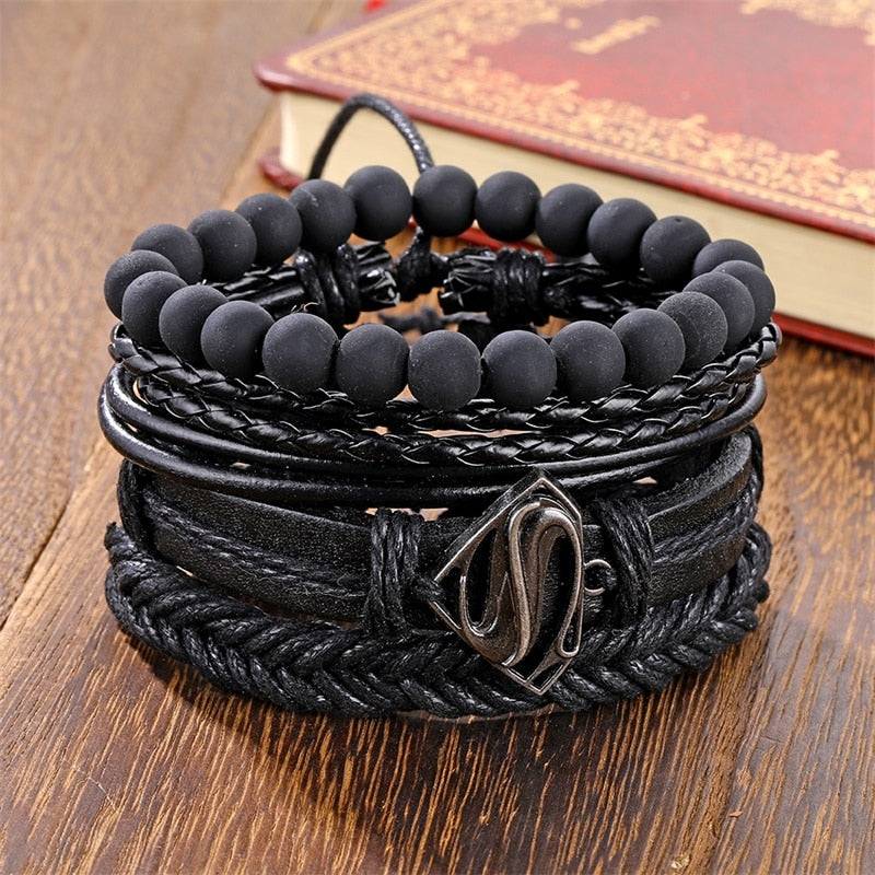 IFMIA Vintage Black Bead Bracelets For Men Fashion Hollow Triangle Leather Bracelet &amp; Bangles Multilayer Wide Wrap Jewelry 2022