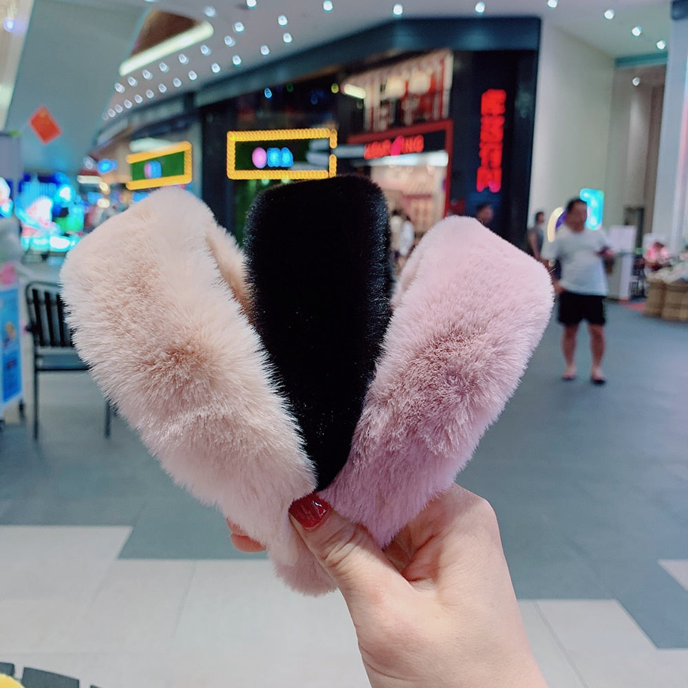 Sweet Retro Women Elegant Rabbit Fur Hairbands Hair Accessories 18 Colours Headbands Soft Wide Headwear Girls Party Headware