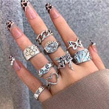 Load image into Gallery viewer, Punk Gothic Butterfly Snake Chain Ring Set for Women Black Dice Vintage Silver Plated Retro Rhinestone Charm  Finger Jewelry