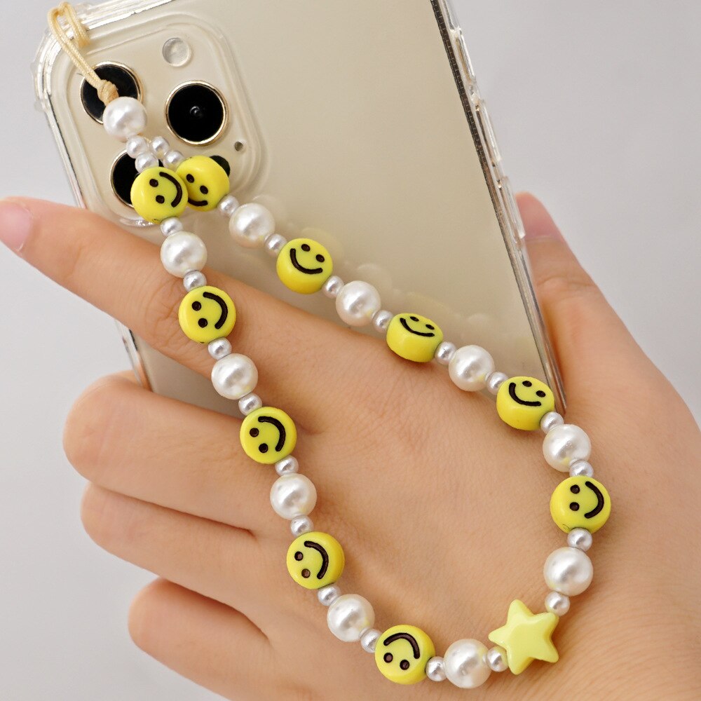 MOPAI Colorful Acrylic Beads Smile Face Mobile Phone Chains Evil Eye Cellphone Strap Anti-lost Lanyard Fashion Women Accessories