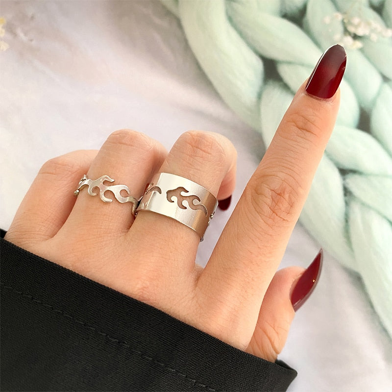 UMKA Trendy Gold Silver Color Flame Rings For Women Men Lover Couple Rings Set Friendship Engagement Wedding Open Rings Jewelry