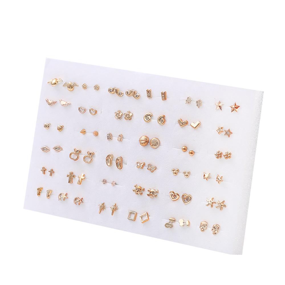 36 Pairs Randomly Mixed Style Women Anti Allergic Star Bow Love Heart Stud Earrings Set Gold Color Flower Plastic Small Earring