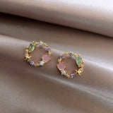 2022 Korean New Colorful Rhinestone Wreath Stud Earrings Sweet Flower Crystal Pearl Brincos Women Party Birthday Jewelry Gift