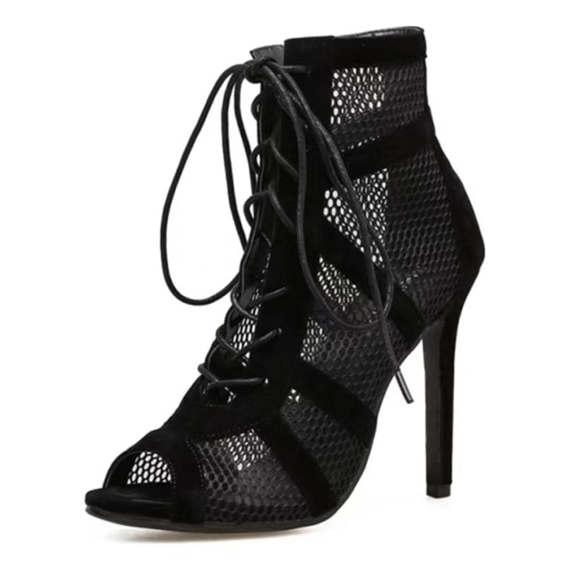 Women&#39;s High Top Dance Shoes Black Ballroom Boots Salsa Tango Shoes Girl Fashion Party Mesh Cutout High Heel Sandals Summer 2022