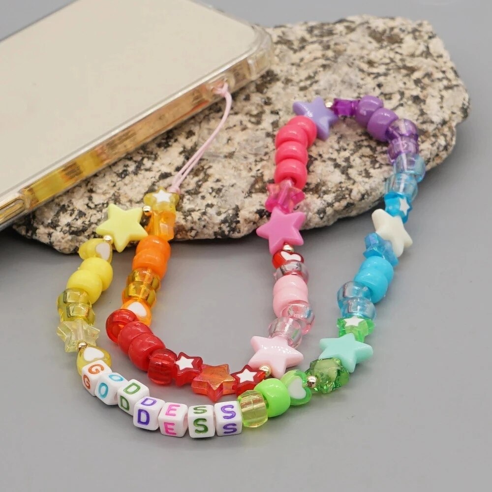 AOMU INS Ethnic Fashion Resin Multicolor Star Heart Beads Mobile Phone Chain for Women Long Acrylic Beaded Phone Lanyard Jewelry