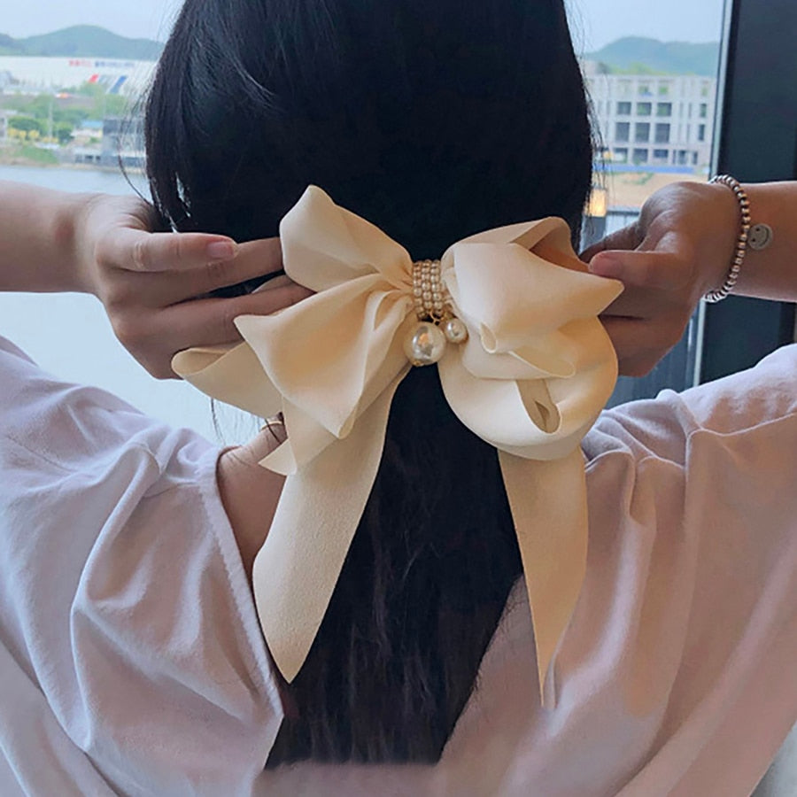 New Oversize Bowknot Pearl Barrettes Net Yarn Hairpins Women Houndstooth Hair Clips Ribbon Hair Clips Ponytail Hair Accessories