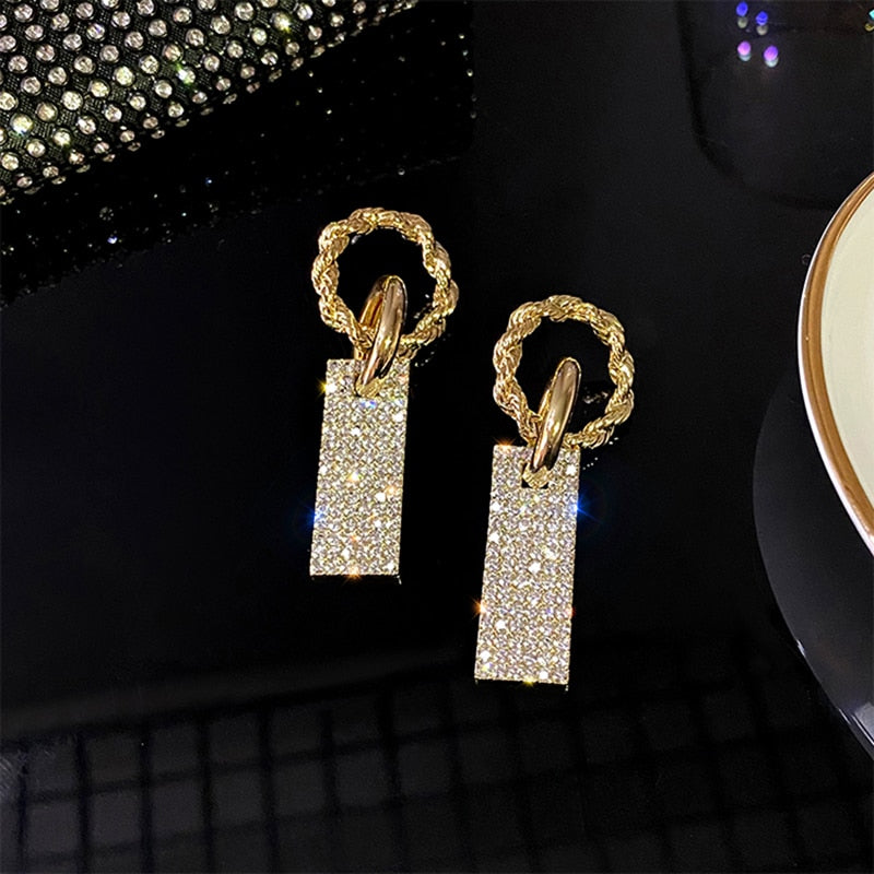 New Trendy Luxury Square Crystal Drop Earrings for Women Brilliant Gold Color Bridal Wedding Jewelry Female Dangle Earrings Gift