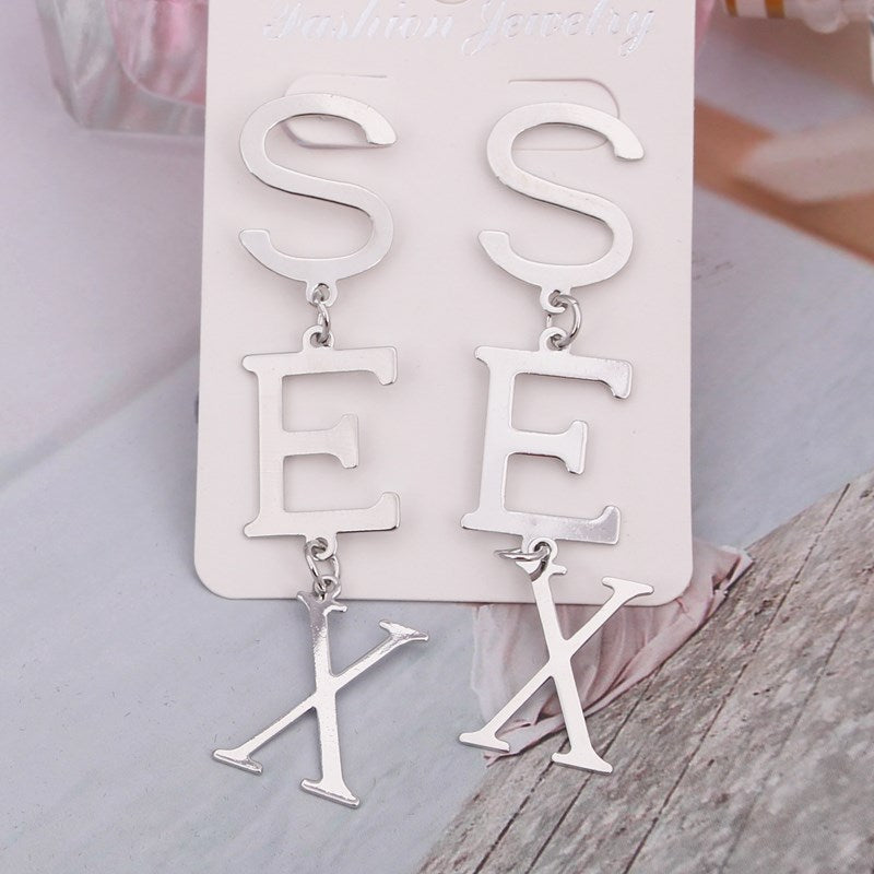 New English Alphabet SEX Long Drop Earring for Women Paint Gold Color Metal Letter Statement Party Wedding Jewelry Accessories