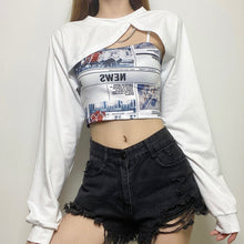 Load image into Gallery viewer, Gothic hollow tshirt 2 pieces crop top summer black Punk bandage tassel top high streetwear party top cotton tees female