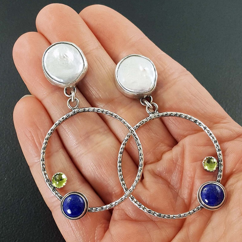 New Long Teardrop Dark Blue Stone Earrings Fantasy Jewelry Fire Opal Purple Red Beads Metal Leaf Scepter Earrings