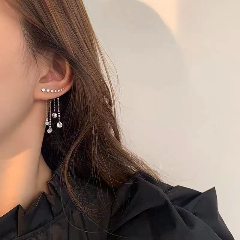 2022 Exquisite Temperament Star Crystal Tassel Drop Earrings Rear Hanging Fashion Women Super Fairy Trendy Wedding Jewelry Gift