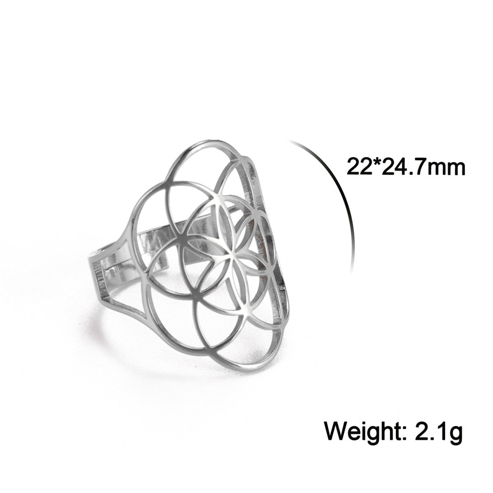 Skyrim Viking Flower of Life Ring Vintage Adjustable Stainless Steel Geometric Rings for Women Amulet Jewelry Gifts Wholesale