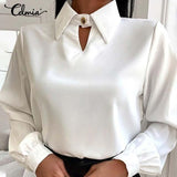 Autumn Elegant Lantern Long Sleeve Satin Blouses Women Casual Office Lapel Shirts  Fashion Hollow Neckline Tunic Tops