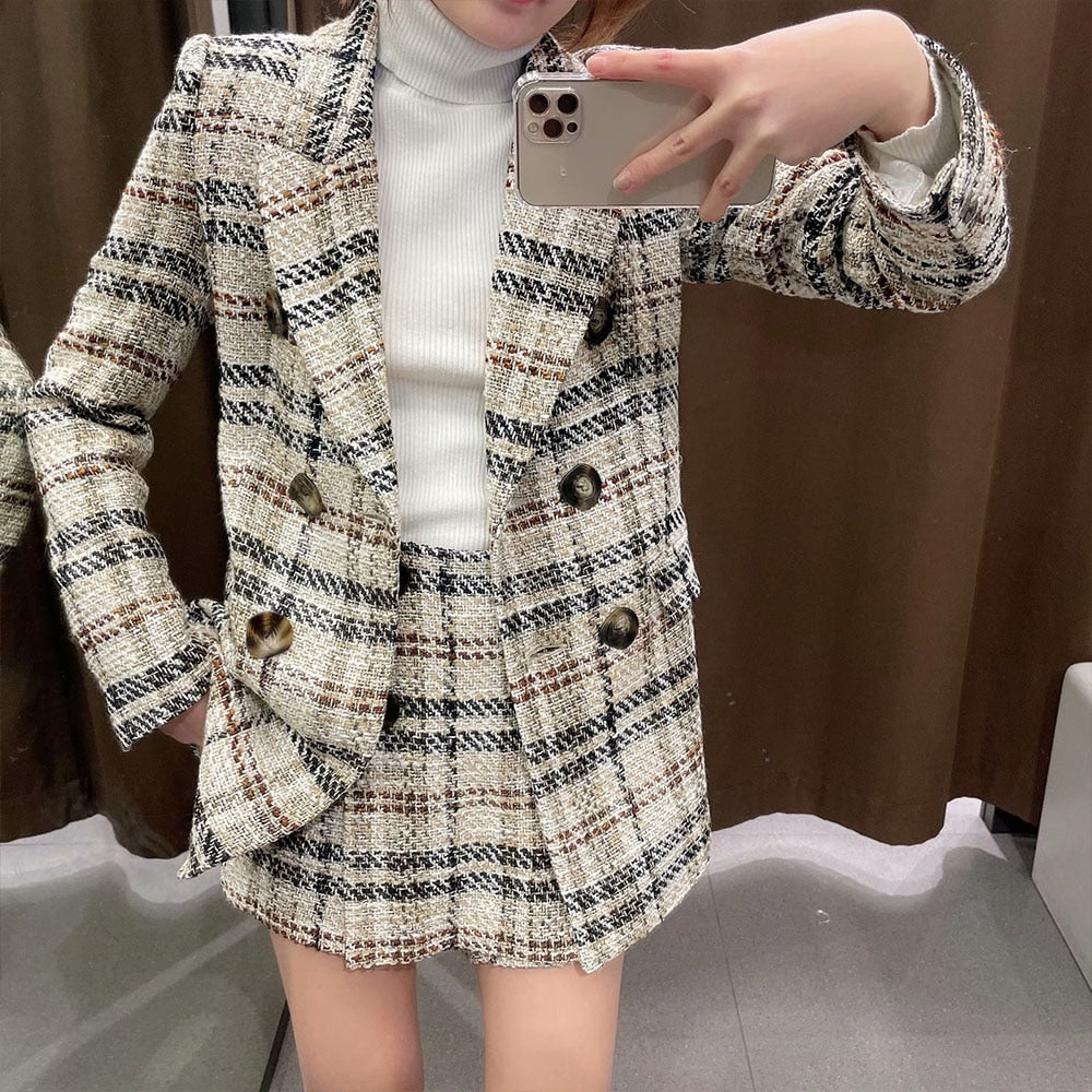 funninessgames Women  New Fashion Double Breasted Tweed Check Blazer Coat Vintage Long Sleeve Female Outerwear+Casual shorts skirts Suit