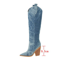Load image into Gallery viewer, 2022 Fashion Denim Western Women Knee High  Boots Wedges High Heel Cowboy Boots Slip On Autumn Winter Woman Shoes Big Size 34-43