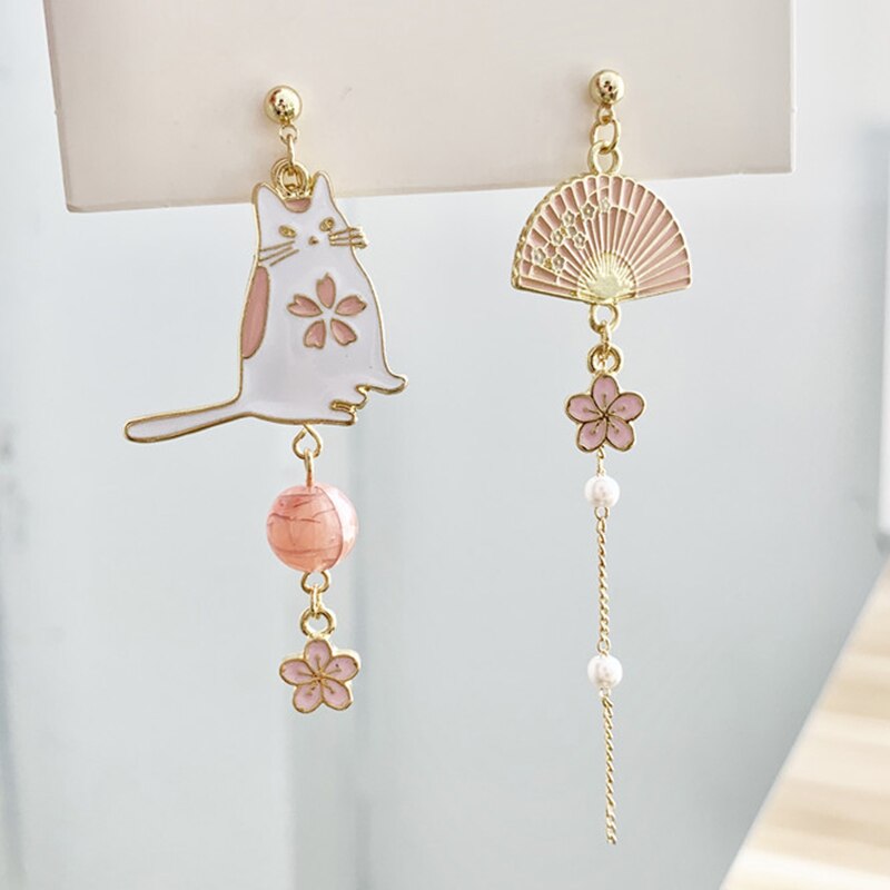 Korean New Sweet Geometric Drop Earrings For Women Cute Cat Rabbit Star Moon Asymmetrical Dangle Earrings Gift For Girls Jewelry
