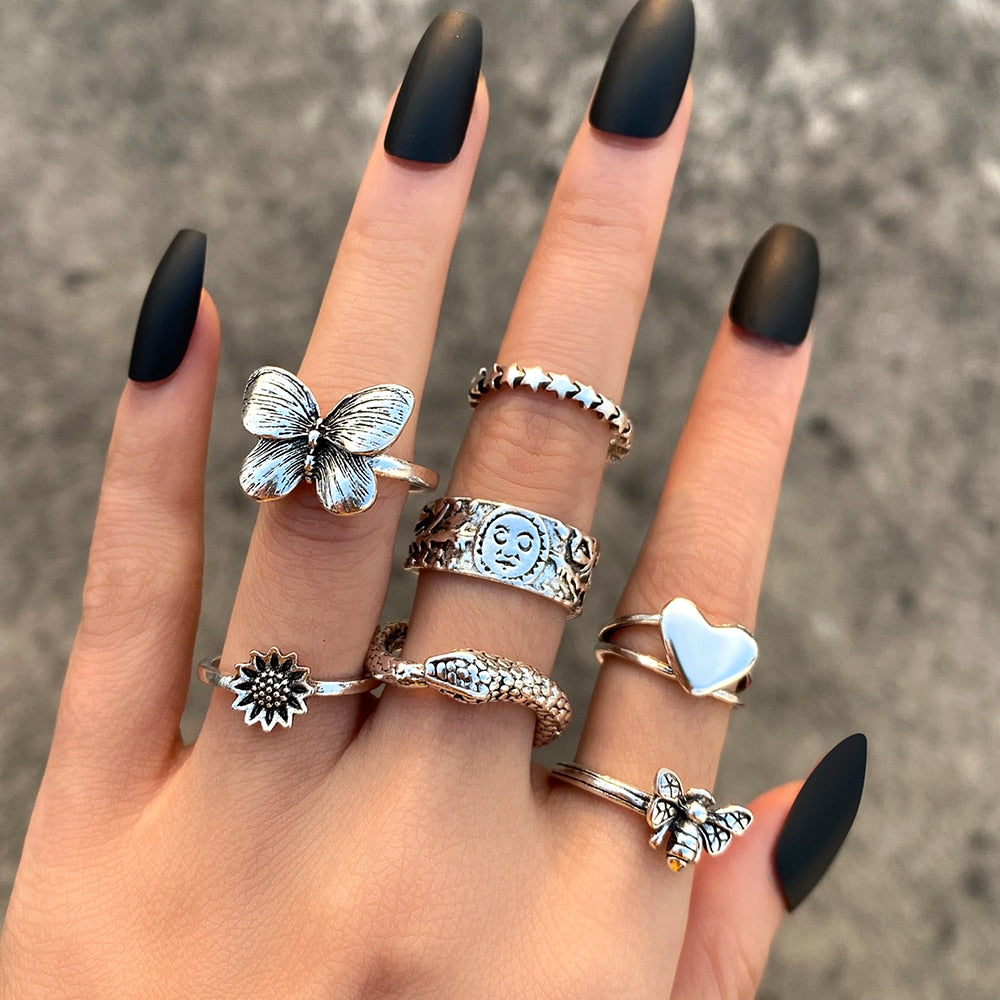 Vintage Silver Plated Angel Wings Ring for Womens Gothic Punk Steampunk Heart Butterfly Skull Ring Sets Party Jewelry 2022