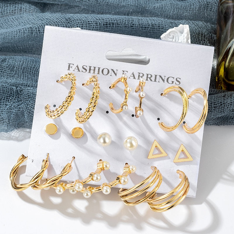 Fashion Vintage Pearl Hoop Earrings Set For Women Elegant Jewelry 2022 Geometric Gold Metal Circle Earrings Set of Brincos Gieeu