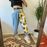 funninessgames New Trend Sunflowers Printed Light Blue Jeans fit women young Girls soft denim long pant patchwork Harem hight waist jeans